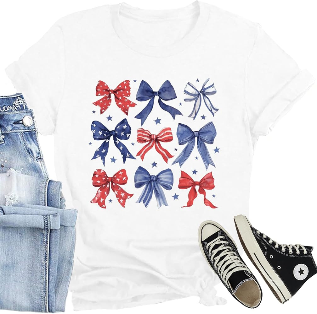 Women American Flag Patriotic T-Shirts Cute USA Bow Flag Shirts Happy 4th of July Tee Tops | Amazon (US)