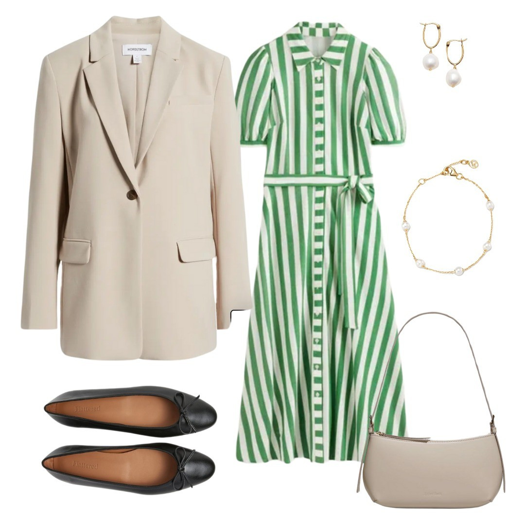 Neutral blazer, striped dress, ballerinas, ballet flats, green, beige, stripes, spring wardrobe, spring workwear 

#LTKstyletip #LTKshoecrush #LTKworkwear