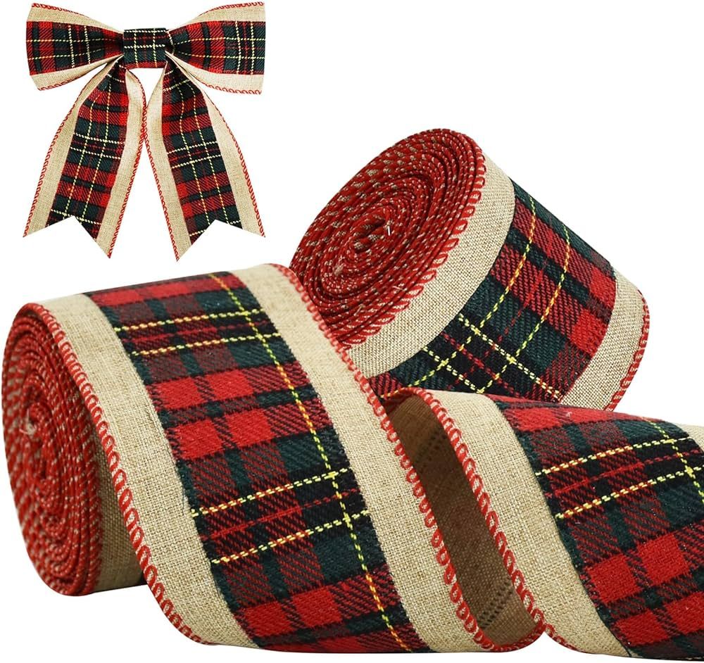 TONIFUL 2 Rolls-2.5 Inch Green and Red Plaid Check Burlap Ribbon, Burlap Wired Ribbon for Crafts ... | Amazon (US)