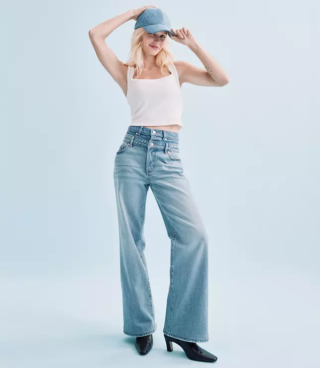 Rivete Double Waisted High Rise Wide Leg Jeans in Light Wash | LOFT