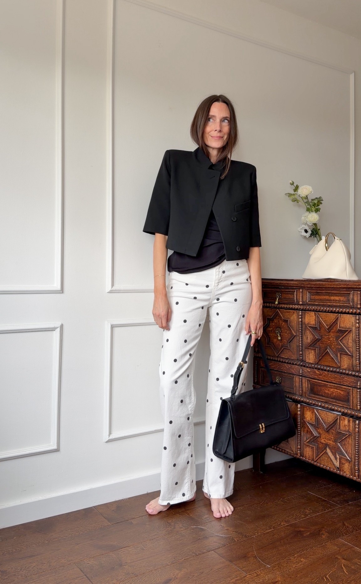 Spring ootd, spring outfit, polka dot jeans, short-sleeved blazer, black blazer, Zara new in

#ltkstyletip 

#LTKootd #LTKSeasonal