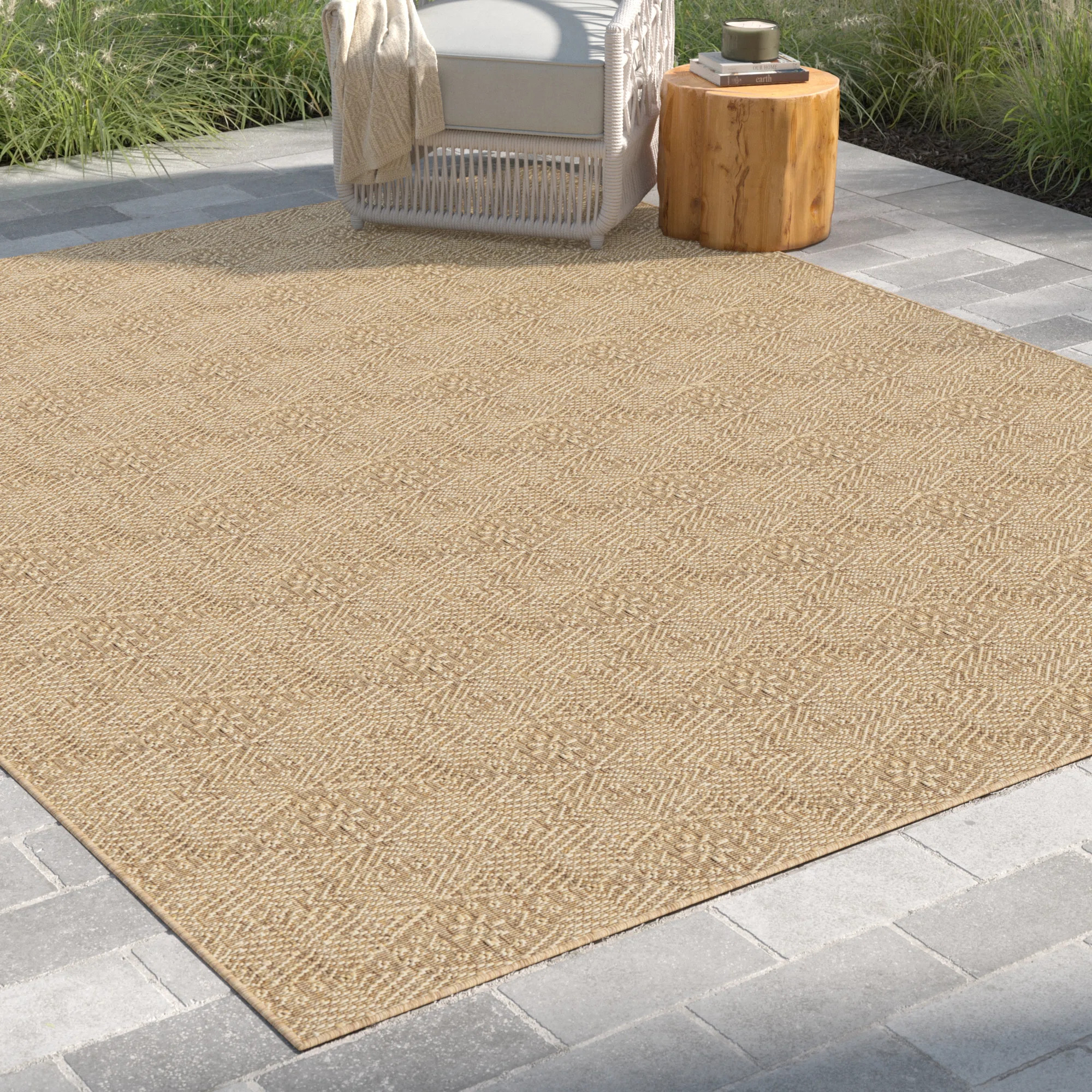 Roselyn Geometric Power Loom Beige Indoor/Outdoor Patio Rug | Wayfair North America