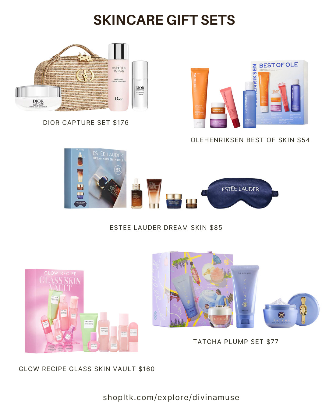 skincare gift sets that are more luxury if you want a splurge for a loved one who is a sucker for good skincare. 
dior capture set - very hydrating 
olehenriksen - a really good brand for basic skincare essentials 
estee lauder dream skin - super cute that they added a sleeping mask. this line gives results for anti-aging skincare. 
glow recipe - a vault for glass skin. light, deeply hydrating (skin drinks this up!) a very viral skincare line. 
tatcha skincare - this kit is a dream. deeply moisturizing for dry skin (great to gift during winter) 

#skincaresets #sephorasets #sephoragifts #giftguide #skincareroutine #luxuryskincare  

 #LTKCyberWeek #LTKGiftGuide #LTKBeauty