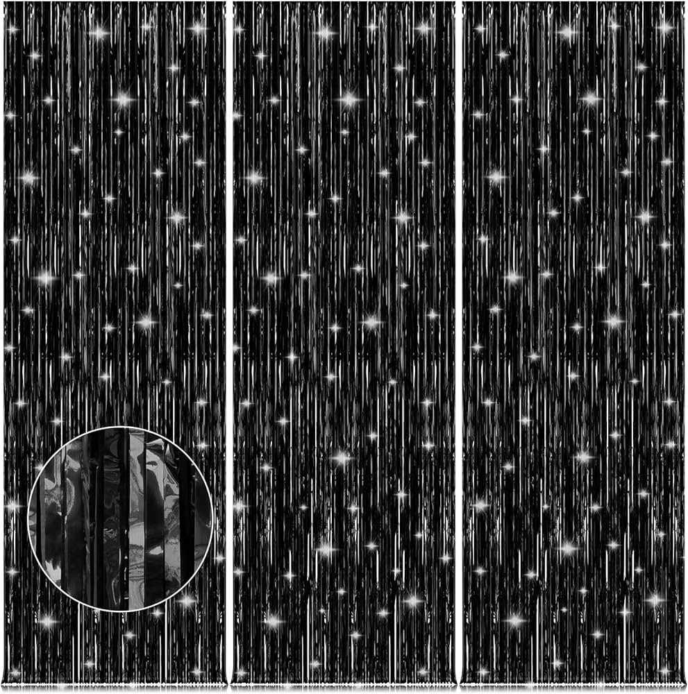 Accevo 3Pack Black Foil Fringe Curtains Party Streamers 3.2ft x 8.2ft Door Streamer Tinsel Stream... | Amazon (US)