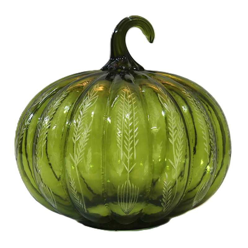 Green Etched Leaf Glass Pumpkin, 8" | At Home