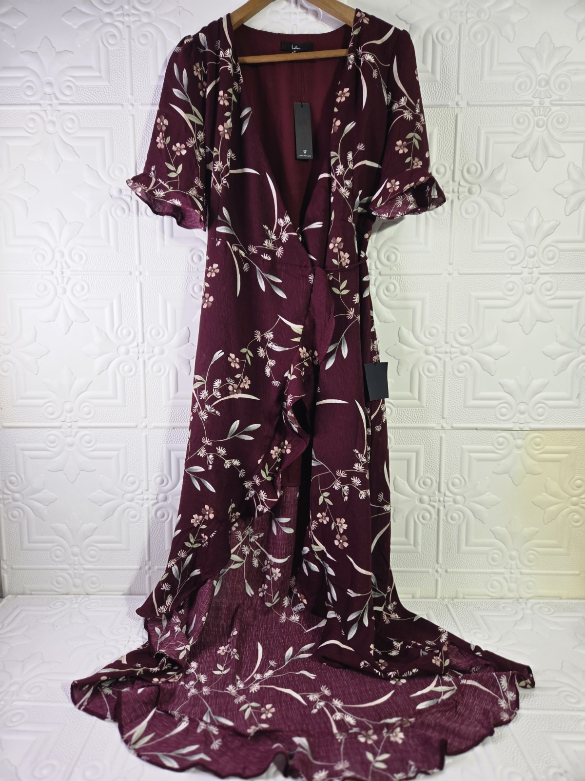 NWT Lulus Wild Winds Burgundy Floral Print Wrap Maxi Dress Size Medium | eBay US
