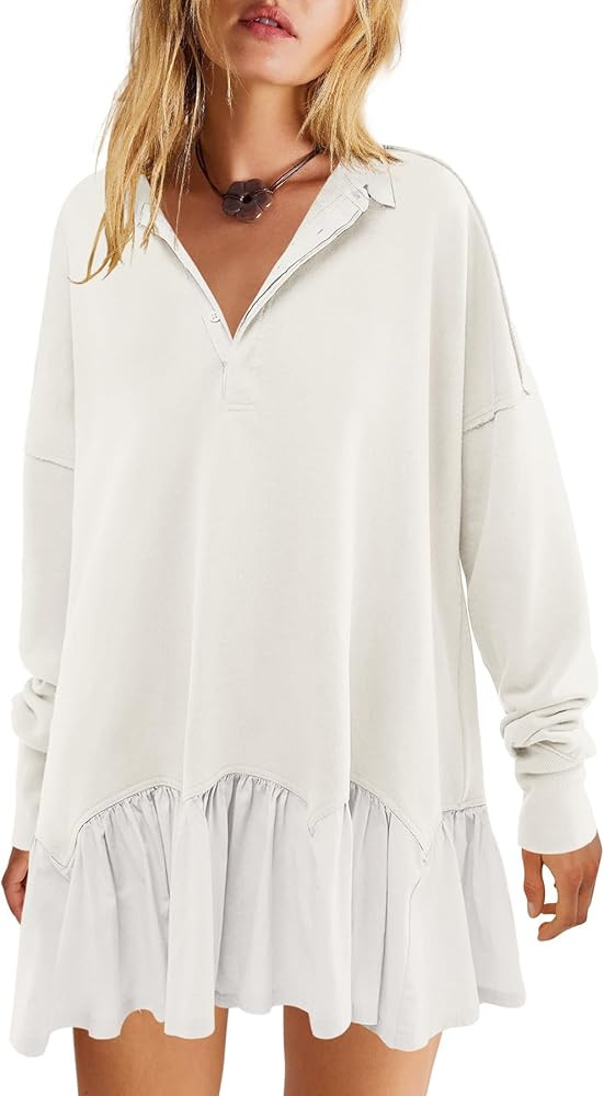 LAMISSCHE Womens Sweatshirt Dress Oversized Long Sleeve V Neck Pullover Tops Flowy Ruffle Patchwo... | Amazon (US)