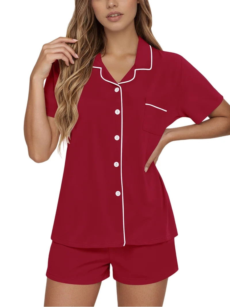 UVN Pajamas Sets for Women Button Down Short Sleeve Tops and Drawstring Shorts 2 Piece Lounge Set | Walmart (US)