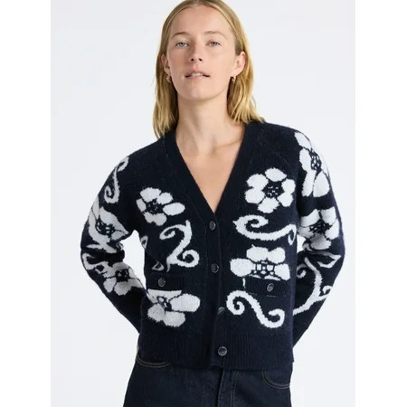 Free Assembly Women’s Floral Pattern V-Neck Cardigan Sweater, Midweight, Sizes XS-XXL | Walmart (US)