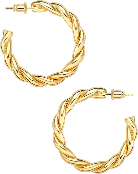 wowshow Gold Hoop Earrings, 14K Real Gold Plated Chunky Small Hoop Earrings for Women Lightweight... | Amazon (US)