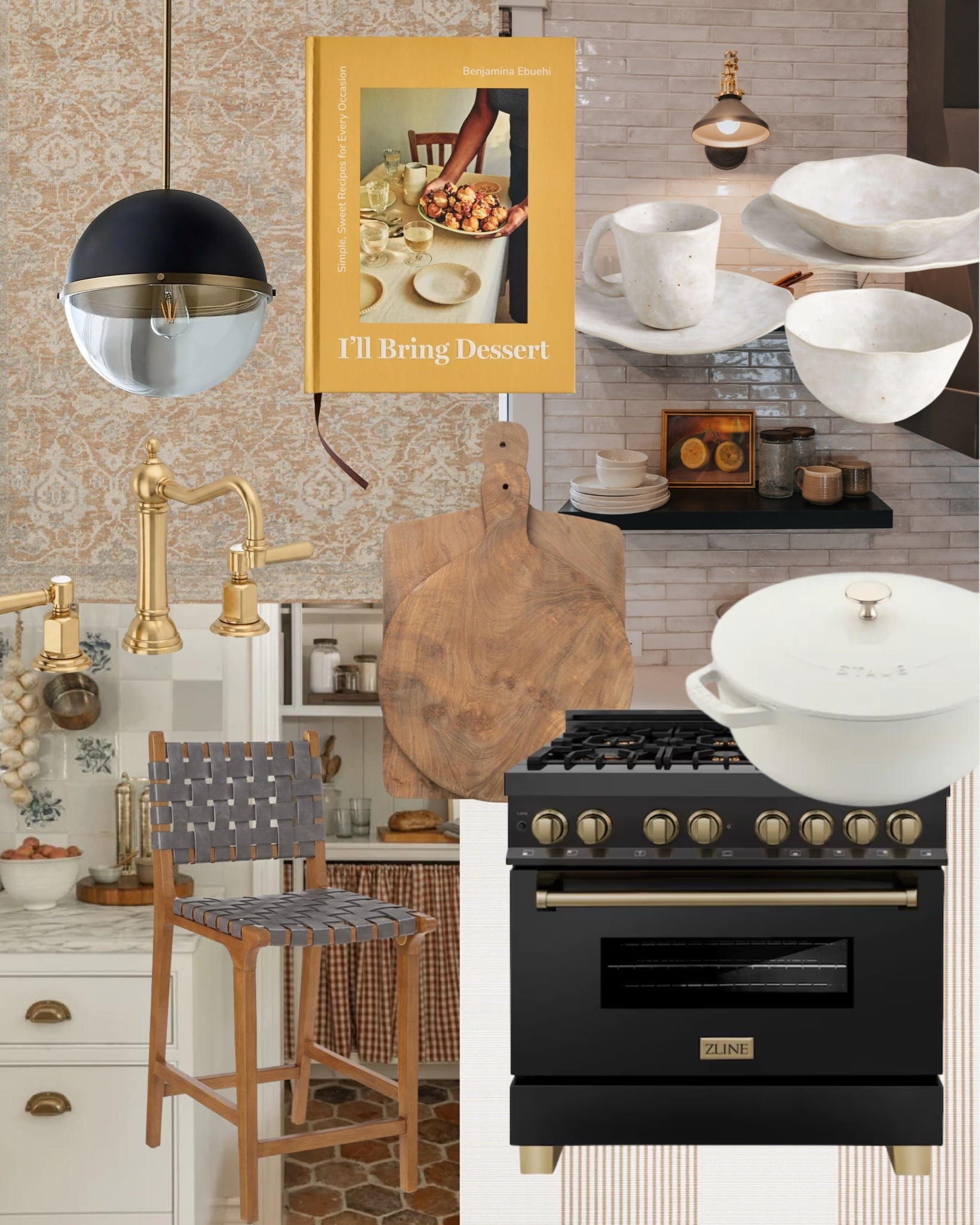 A kitchen that feels as good to cook in as it looks ✨ 

A black and brass statement range, a brass bridge faucet, a dome pendant, a woven leather counter stool, marble bowls, a wood cutting board, a white dutch oven, and all the details that make a kitchen feel warm, intentional, and completely lived in. 

All linked here 🤍 

#LTKhome