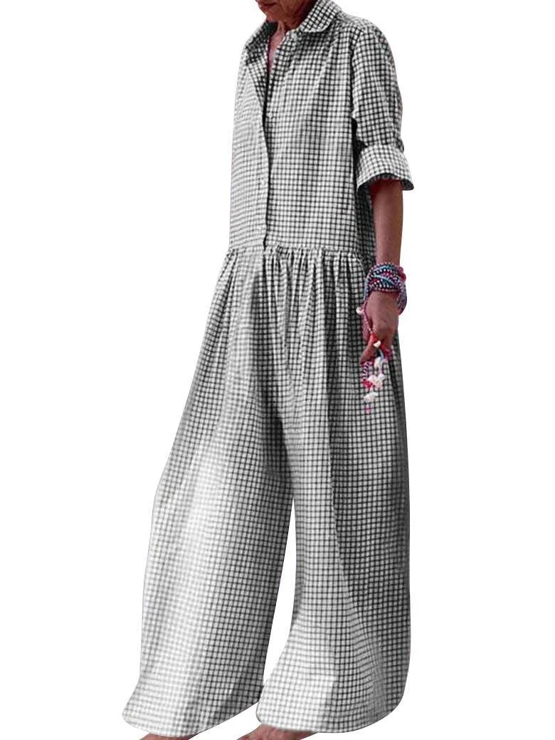 SLADYGLO Women Plaid Lapel Collar Buttons Down Long Sleeve Pleated Wide Leg Jumpsuits | Walmart (US)