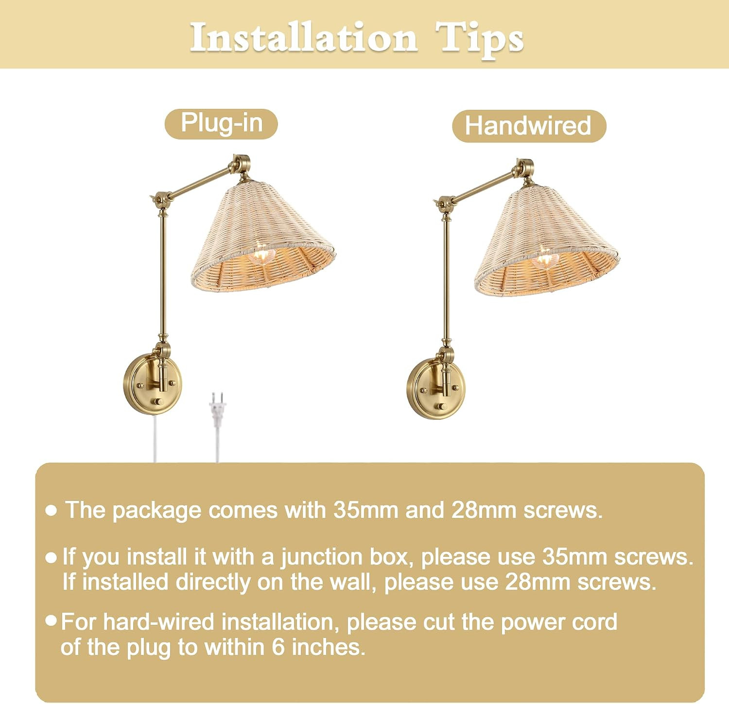 WINGBO Wall Sconce Rattan Wrapped Wall Lamp, Adjustable Swing Arm Wall Light Gold Vintage Bedside... | Amazon (US)