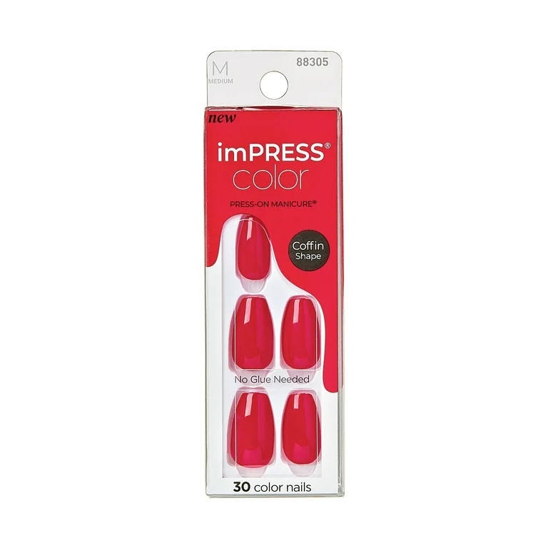 KISS imPRESS Color Long-Lasting Medium Coffin Press-On Nails, Solid Red, 30 Pieces | Walmart (US)
