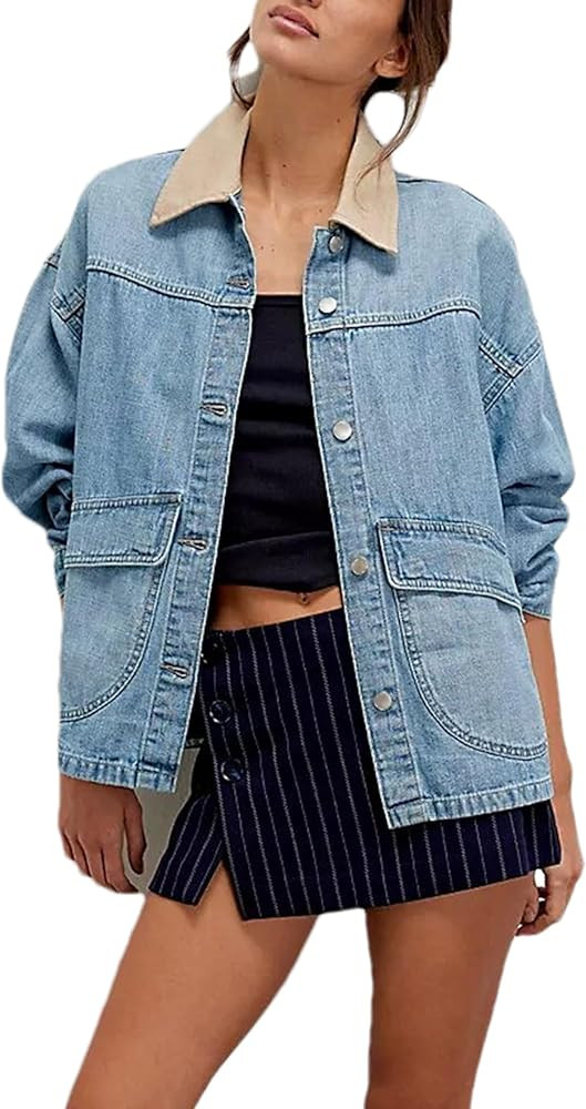 Lumister Women's Oversized Denim Jacket with Contrast Trim Long Sleeve Button Down Jean Coat with... | Amazon (US)