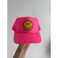 Smiley Face Patch Trucker Hat | Neon Pink Smiley Patch | Etsy (US)