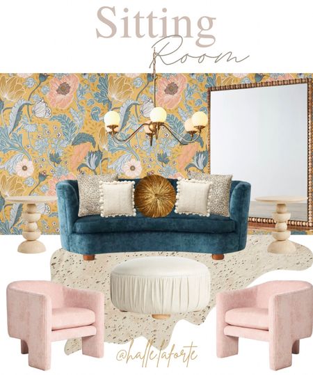 Sitting room 
Interior design 
Velvet sofa 
Velvet chairs 
Pink velvet chairs 
Blue velvet sofa 
wood mirror 
Leather ottoman 
Side tables 
Pillows
Leopard pillows 
Gold foil cowhide rug 
Floral wallpaper 
Anthropologie home finds 
Home decor 
Girly sitting room 
Girl room 
Chandelier 


#LTKfindsunder100 #LTKstyletip #LTKhome
