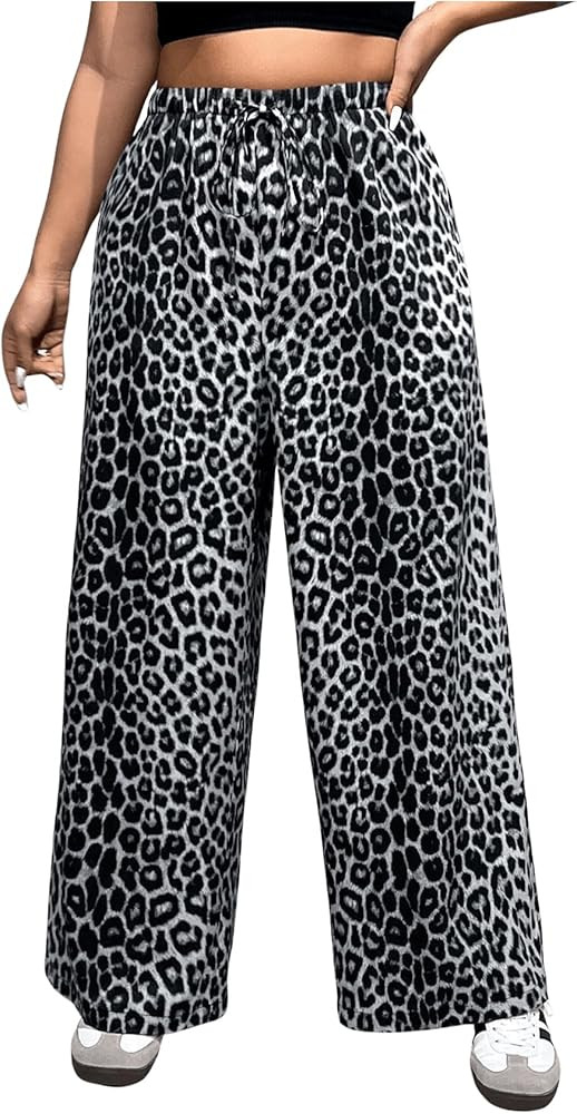 MakeMeChic Women's Plus Size Leopard Print Wide Leg Pants Casual Summer Drawstring Waist Trousers | Amazon (US)