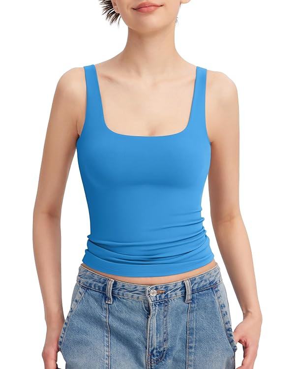 PUMIEY Women's Square Neck Tank Top Sleeveless Double Lined Basic Tops Sharp Collection | Amazon (US)