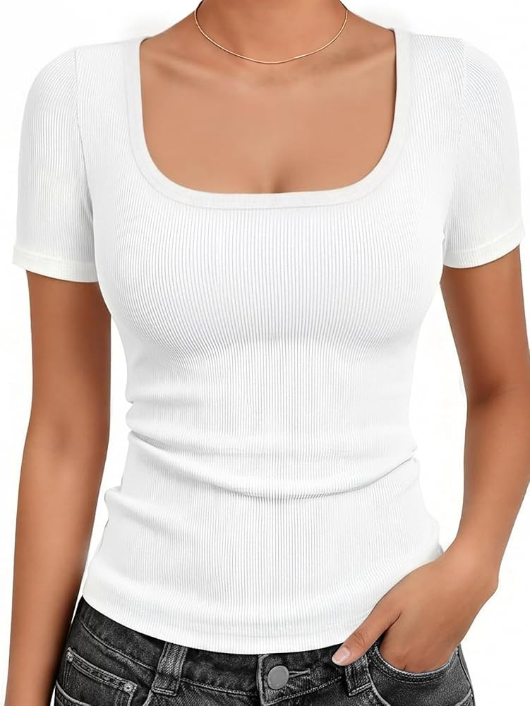 Cotton Ribbed Basic T Shirts for Women,Slim Fit Scoop Neck Short Sleeve Summer Shirts,Solid Plain... | Amazon (US)