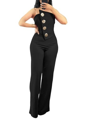 CHICME Women's Strapless Tube Top Jumpsuit Metal Button Decor Loose Wide Leg Pants Black Rompers-M | Amazon (US)