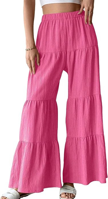 ZAFUL Women Palazzo Pants Ruffle Wide Leg High Waist Flowy Casual Textured Lounge Pant Trousers w... | Amazon (US)