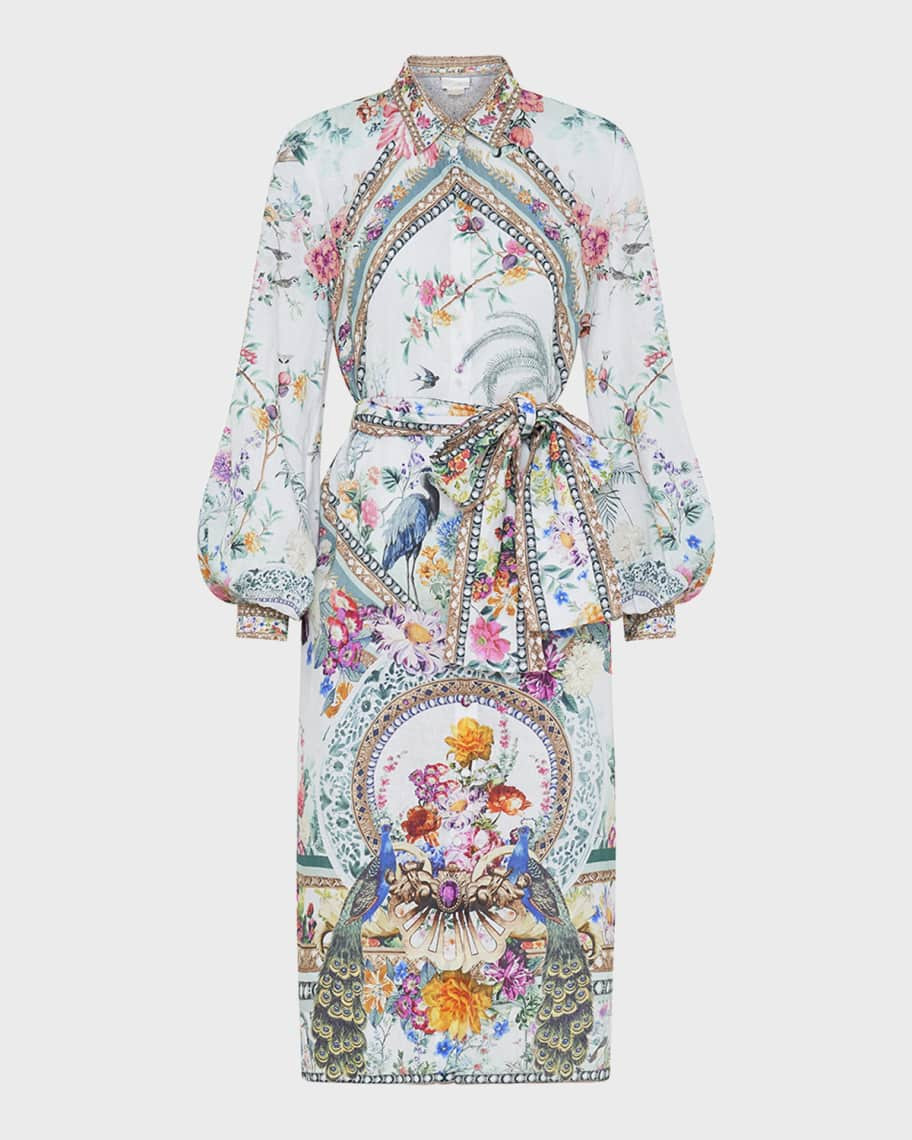 Camilla Floral Linen Belted High-Low Midi Shirt Dress | Neiman Marcus