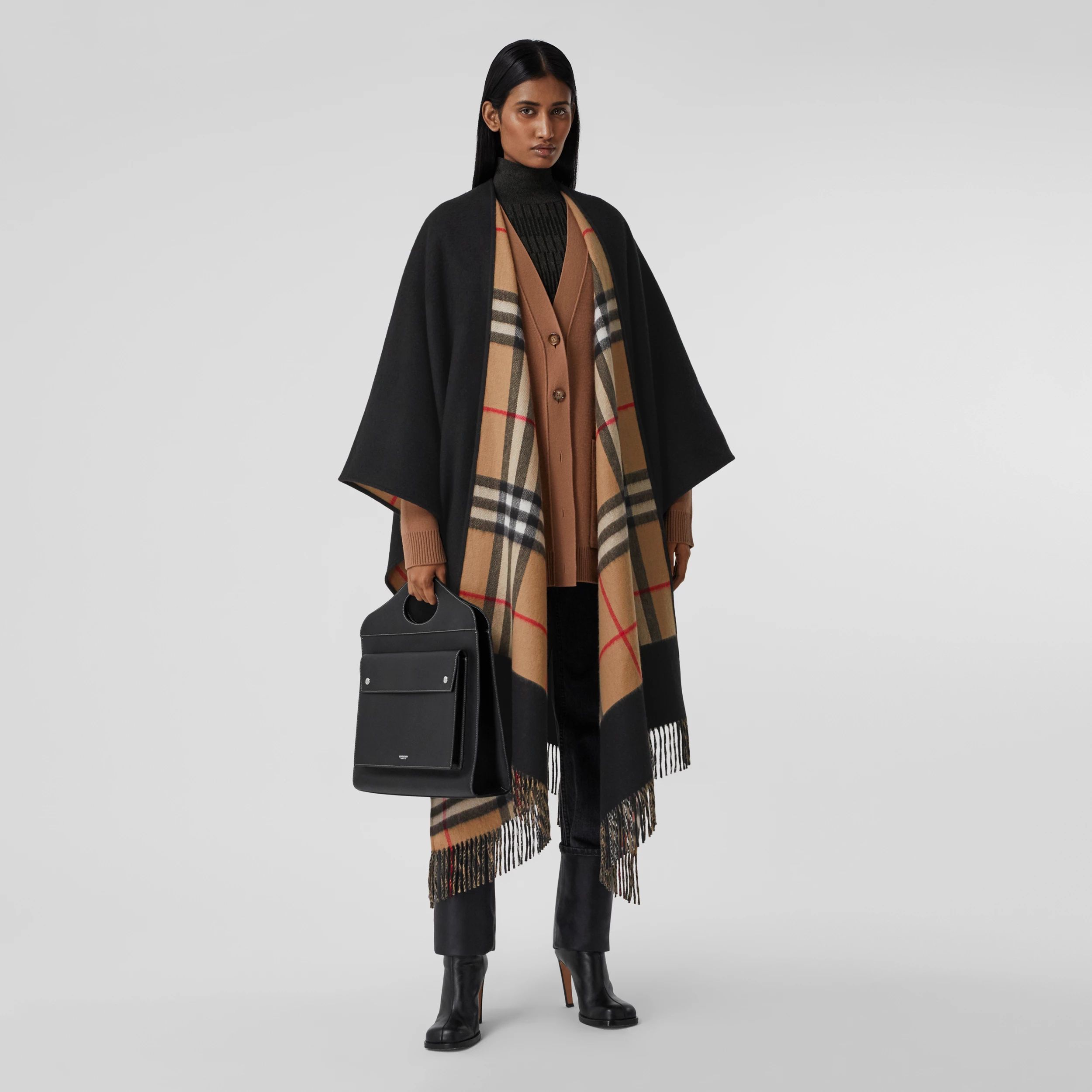 Reversible Check Wool Cashmere Cape in Black - Women | Burberry® Official | Burberry (US)