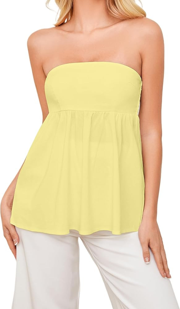 Womens’s Ruffle Hem Bandeau Tube Tops Casual Sleeveless Strapless Peplum Flowy Blouse Shirts Su... | Amazon (US)