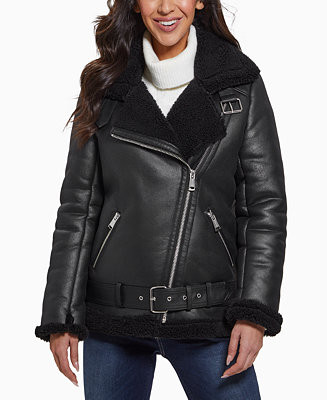 GUESS Women's Faux-Shearling Asymmetric Moto Coat - Macy's | Macy's