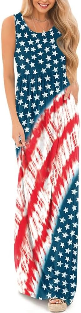 For G and PL Womens 4th of July American Flag Sleeveless Maxi Dress with Pocket | Amazon (US)