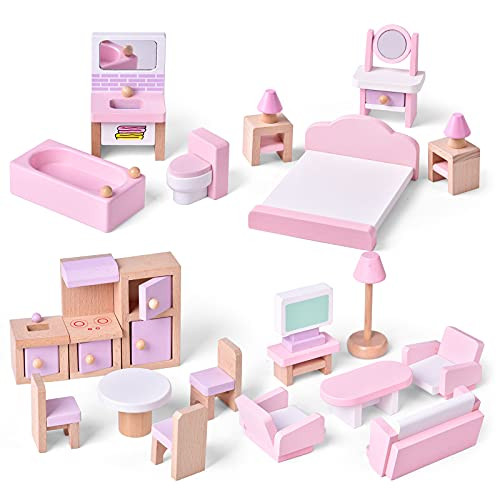 FUN LITTLE TOYS 4 Set Wooden Doll House Furniture, 22 PCs Dollhouse Accessories, Pink Wooden Toys | Amazon (US)