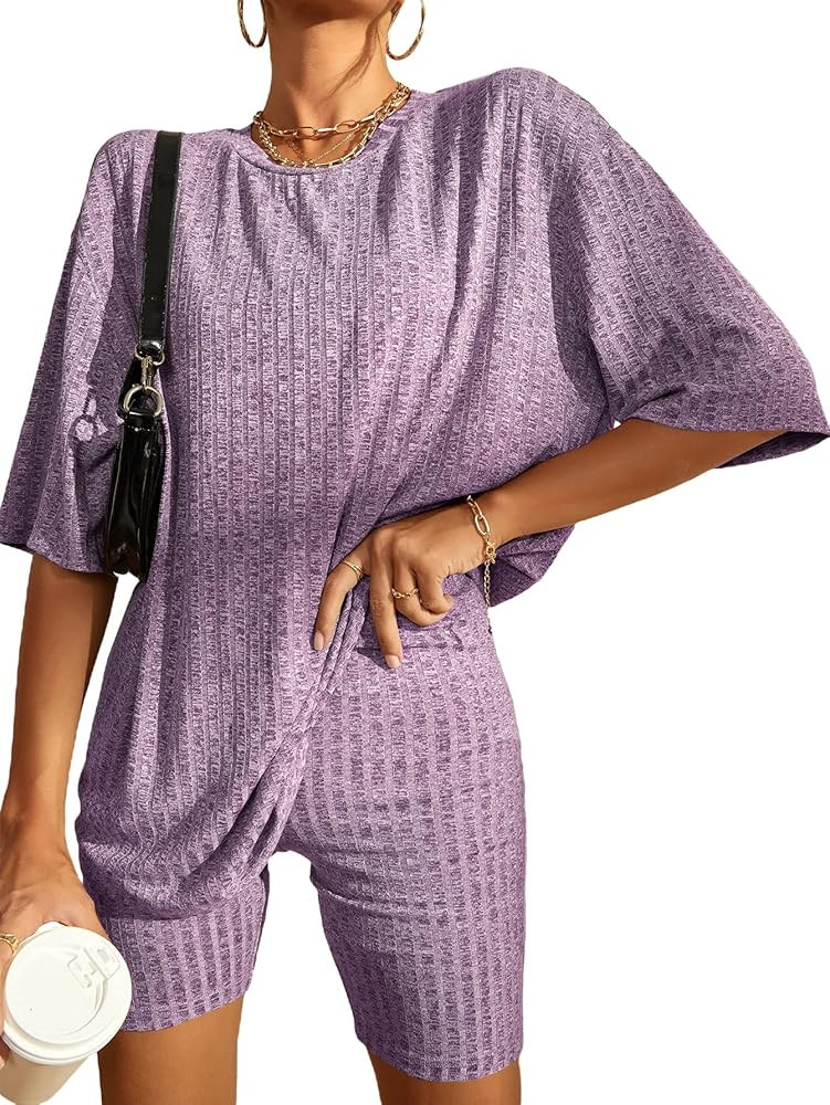 WDIRARA Women's 2 Piece Outfits Ribbed Short Sleeve Drop Shoulder Tee and Shorts Set Tracksuits | Amazon (US)