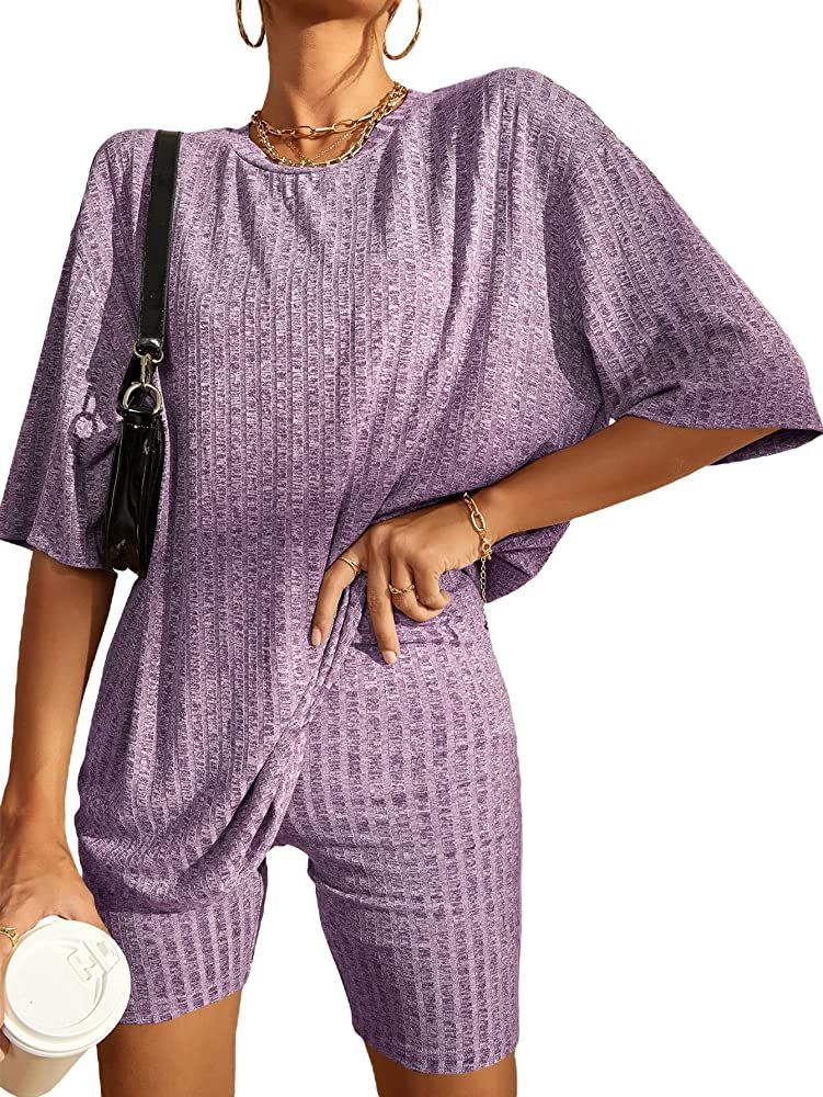 WDIRARA Women's 2 Piece Outfits Ribbed Short Sleeve Drop Shoulder Tee and Shorts Set | Amazon (US)