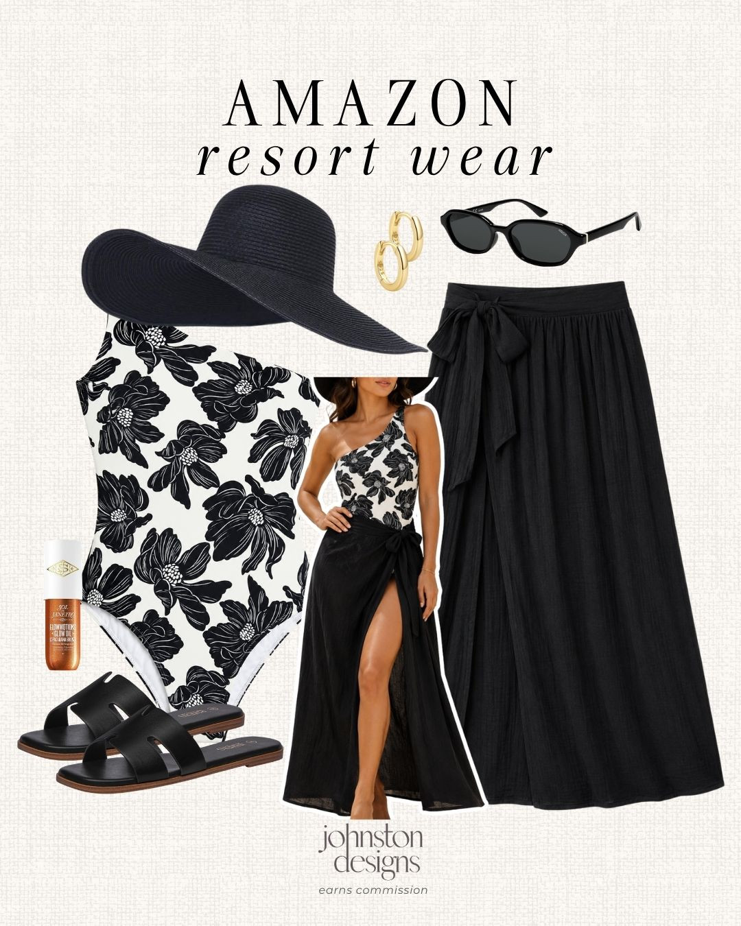 Amazon resort wear finds with a black and white swimsuit, breezy cover-up skirt and chic poolside accessories. 🖤

Amazon resort wear, black and white swimsuit, floral one piece swimsuit, black cover up skirt, wide brim sun hat, black slide sandals, gold hoop earrings, black sunglasses, poolside outfit idea, beach vacation look, chic swimwear finds, summer travel outfit, neutral resort style, affordable Amazon fashion 

 #LTKootd #LTKSwim #LTKTravel