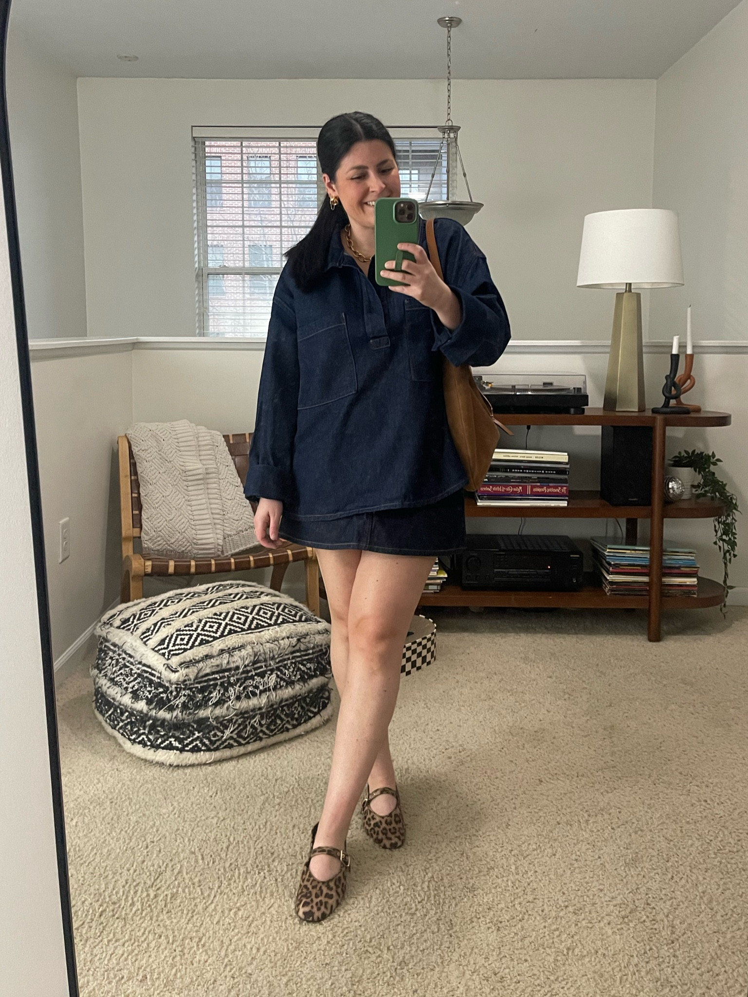 Denim skirt (medium) | denim long sleeve (medium) | leopard Mary Jane flats (tts) | gold jewelry 



#LTKStyleTip #LTKFindsUnder100