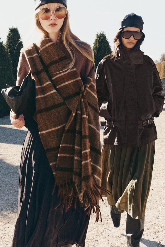 CHECK FRINGE SCARF - Brown / Taupe - M | Zara UK