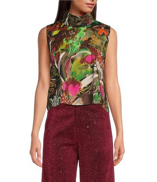 Buru Mod Woven Multi Floral Print Mock Neck Sleeveless Cropped Top | Dillard's | Dillard's