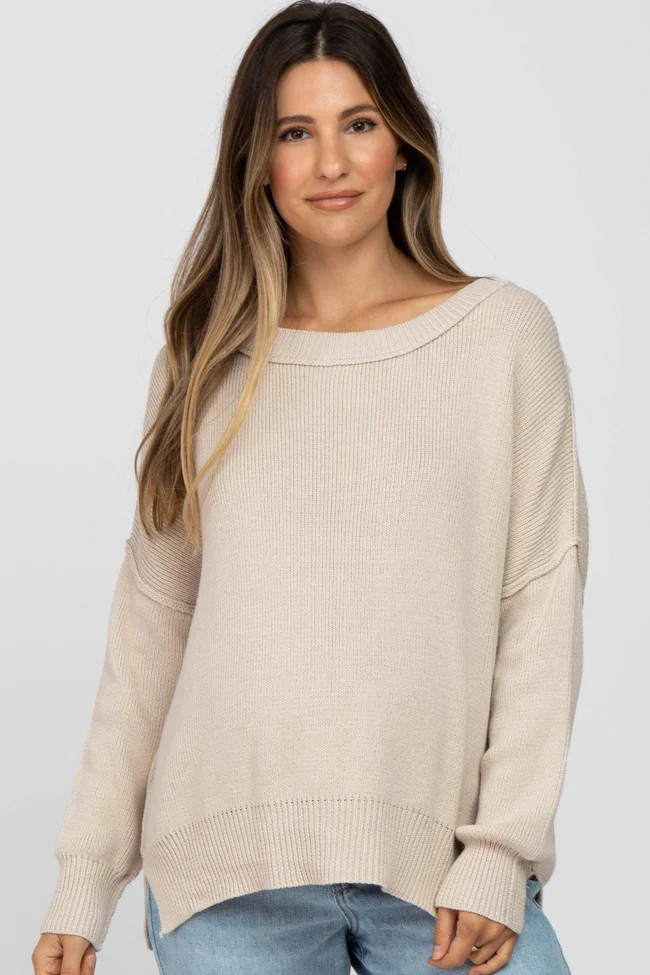 Beige Exposed Seam Side Slit Maternity Sweater | PinkBlush Maternity