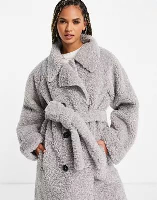 ASOS DESIGN bonded shearling trench coat in grey | ASOS (Global)