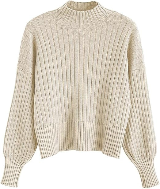 ZAFUL Women's Crew Neck Long Sleeve Pullover Crop Sweater Mock Neck Lantern Sleeve Ribbed Knit Ju... | Amazon (US)