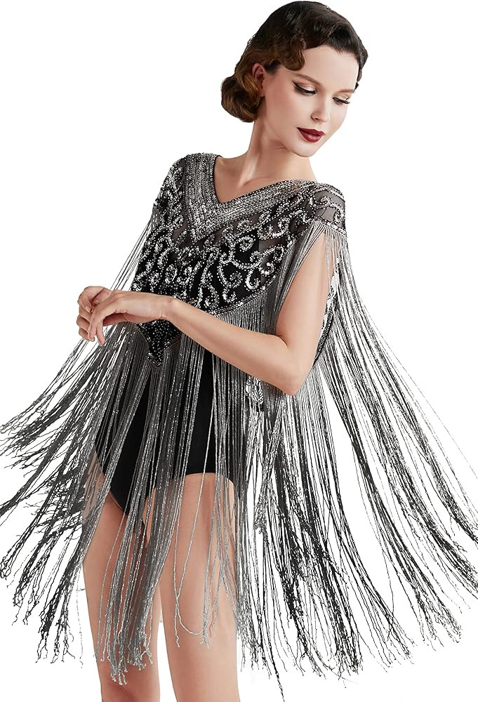 BABEYOND 1920s Shawl Wraps Long Fringed Evening Cape Sequin Beaded Party Shawl | Amazon (US)