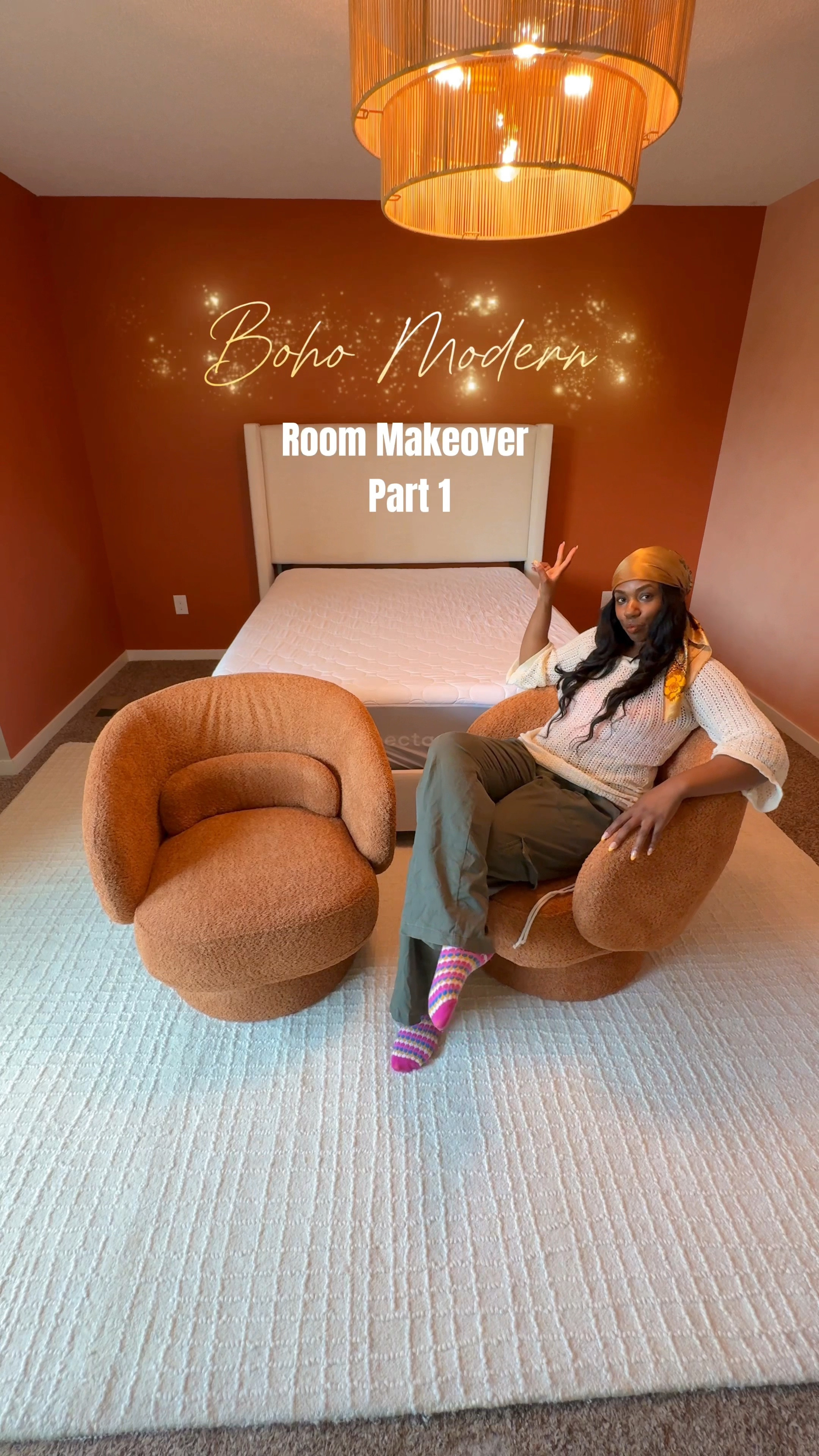 Part 1 of my boho modern bedroom makeover ✨ love this color rust and the beautiful lime wash style wallpaper ! Added the ivory rug to contrast the beautiful rust chairs. The chairs are soooo comfy and stylish. Highly recommend. 

#LTKVideo 

#LTKHome #LTKSaleAlert