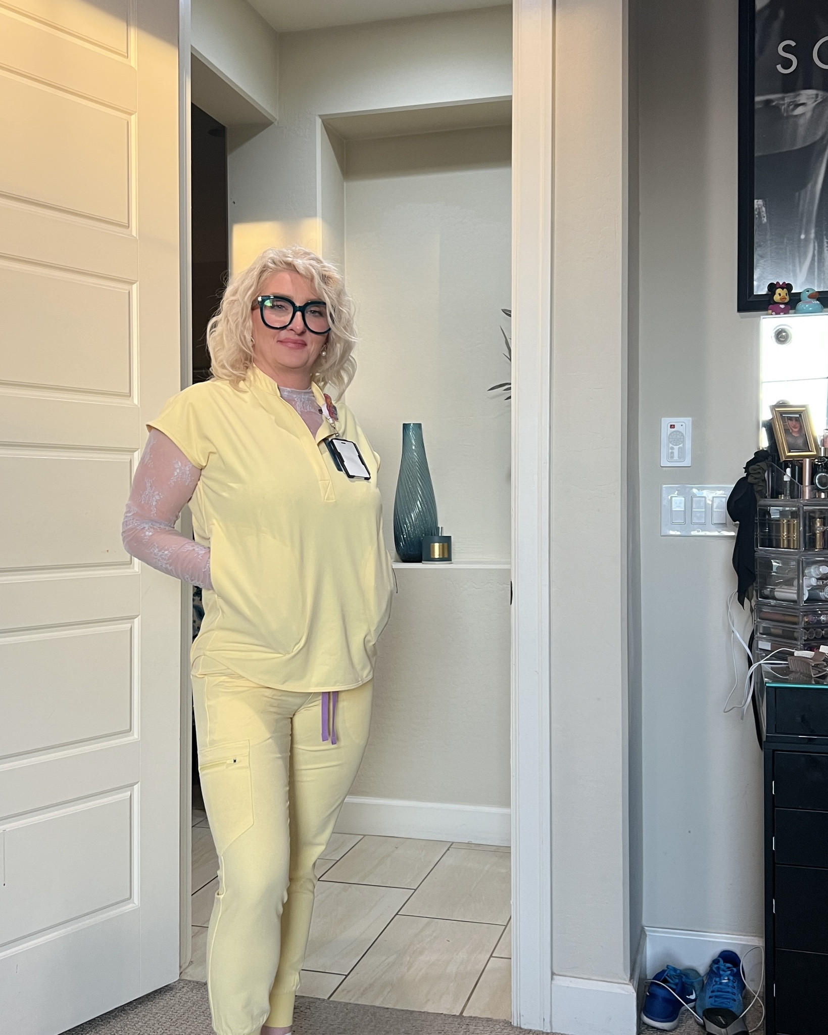 Soft butter yellow scrubs with a feminine twist
Paired with a lavender lace long sleeve for a layered look that actually feels put together

Comfortable enough for long shifts but still cute enough to feel confident walking in

Linked similar pieces if exact items aren’t available
