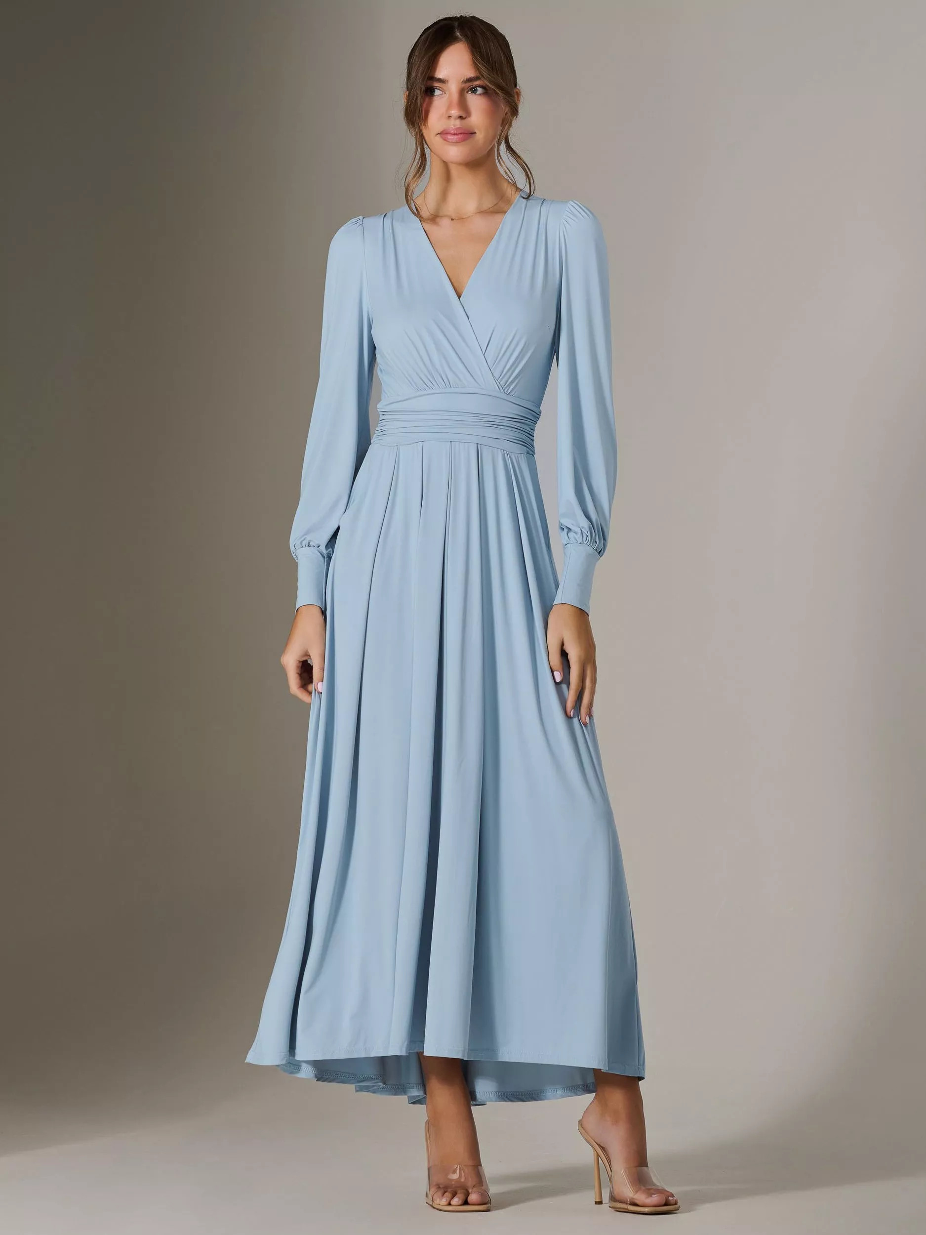 Jolie MoiLong Sleeve Soft Silky Jersey Maxi Dress, Ice Blue, 18 | John Lewis (UK)