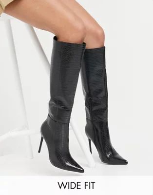 Public Desire Wide Fit Aimi knee boots in black croc | ASOS (Global)