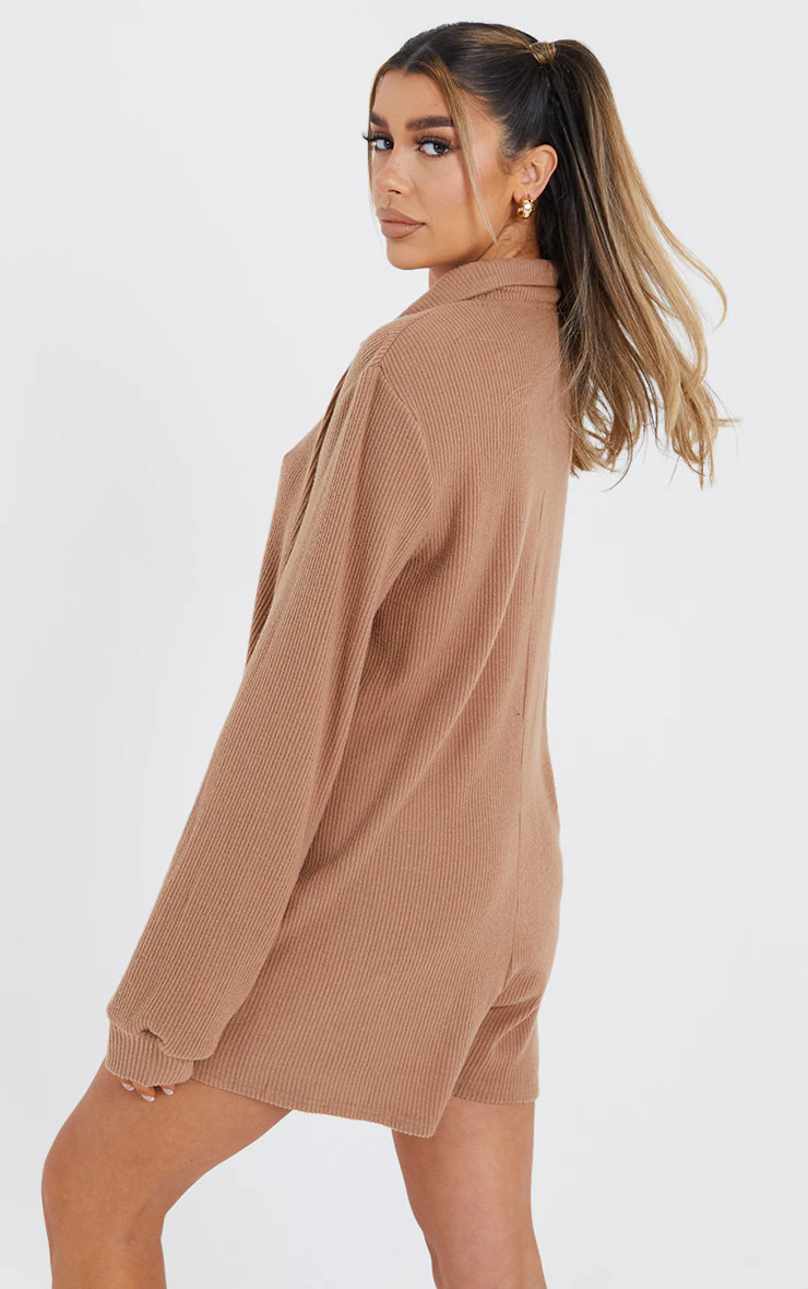 Camel Brushed Rib Oversized Shirt Romper | PrettyLittleThing US