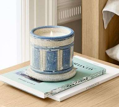 Hand Painted Stripe Ceramic Candle - Navy Beach | Pottery Barn (US)