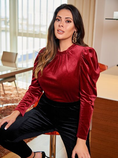 SHEIN Plus Frilled Gigot Sleeve Velvet Top | SHEIN