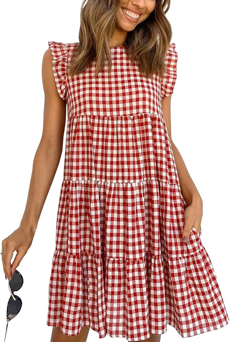 KIRUNDO Women’s Summer Sleeveless Ruffle Sleeve Crew Neck Floral Print Mini Dress Casual Loose Flowy | Amazon (US)